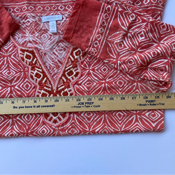 CHARTER CLUB Semi-Sheer Orange and White Beaded Tunic Top Women’s Size Medium - Picture 6 of 11